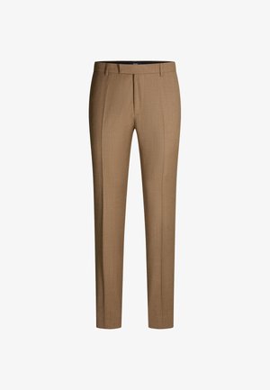 Beige op maat gemaakte broek met een recht toegevoegde ontwerp, voorzien van subtiele stofstructuur, persplooien en een platte tailleband.