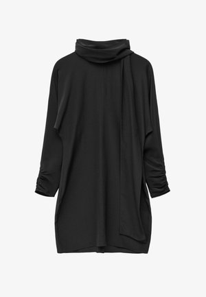 Black oversized top with a cowl neck, three-quarter sleeves, and gathered details at the cuffs. Soft, smooth fabric with a loose silhouette.