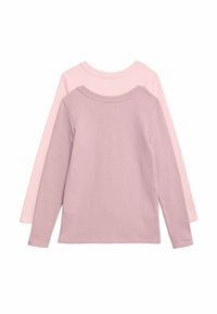 Dos camisetas de manga larga en tejido suave; una de color rosa claro, otra de lavanda tenue, ambas con cuello redondo y textura de canalé fina.