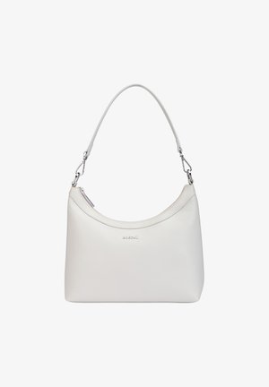 White leather shoulder bag with a rounded top, smooth texture, and silver hardware. Features a zip closure and embossed logo on the front.