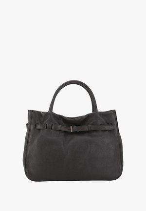 Black leather tote bag with a textured finish, two rounded handles, and a flat band accent across the front featuring a small metallic clasp.
