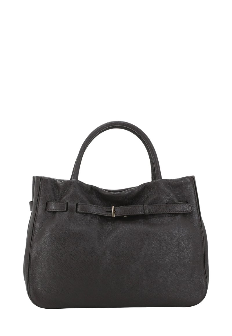 Sac fourre-tout en cuir noir avec une finition texturée, deux poignées arrondies et un accent en bande plate sur le devant avec un petit fermoir en métal.