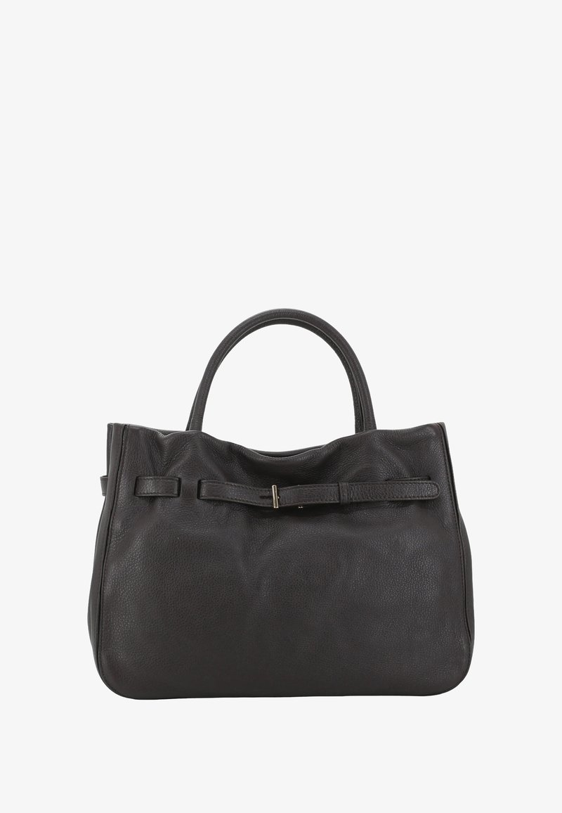 Sac fourre-tout en cuir noir avec une finition texturée, deux poignées arrondies et un accent en bande plate sur le devant avec un petit fermoir en métal.