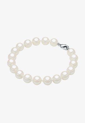 Pulsera de perlas con perlas redondas, de un blanco cremoso y superficie lisa, ensartadas en un hilo de nylon blanco y aseguradas con un cierre de langosta de plata.