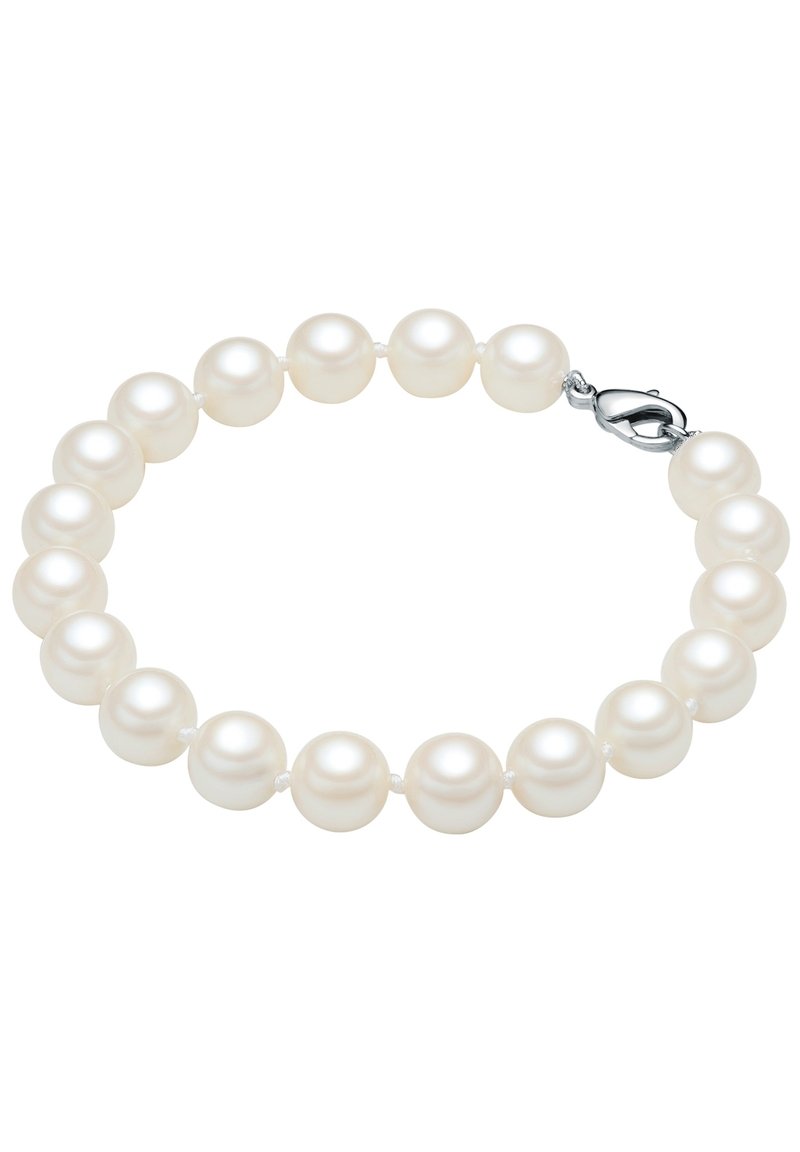 Pulsera de perlas con perlas redondas, de un blanco cremoso y superficie lisa, ensartadas en un hilo de nylon blanco y aseguradas con un cierre de langosta de plata.