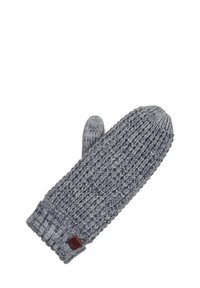 Gehaakte grijze want met een gestructureerd, grof patroon. Heeft een leren merketiket op de manchette en een ronde punt voor de duim.