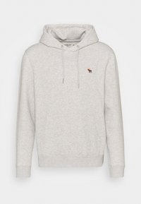 Lichtgrijze katoenen hoodie met een trekkoordcapuchon, voorzak, geribde manchetten en kleine bruine dierenborduring op de borst.