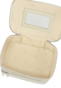 Astuccio cosmetico color crema con esterno liscio, chiusura con zip e una finestra ID trasparente all'interno. Fodera in morbido tessuto e motivo con logo.