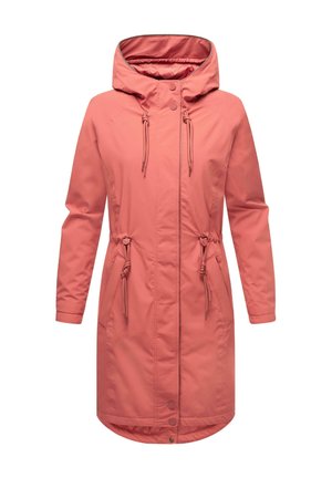 Water-resistant, coral parka with a hood, drawstring waist, long sleeves, and snap closures. Smooth texture and mid-thigh length.