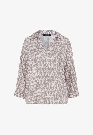 Leichte, grau-beige Bluse mit einem geometrischen weißen Muster, V-Ausschnitt und dreiviertel Ärmeln. Weicher Stoff mit lockerer Passform.