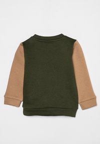 Sudadera verde y beige que presenta un cuello redondo y mangas largas, con una textura suave y un diseño de bloques de color contrastantes.