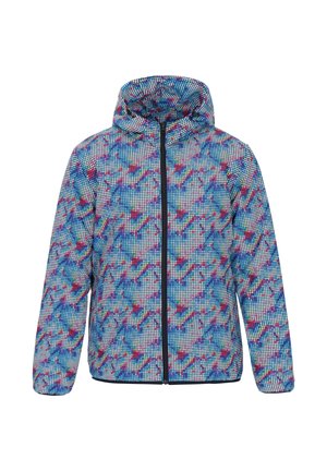 Gewatteerde jas met een blauw, rood en paars abstract patroon op een geruite textuur; ritssluiting aan de voorkant en elastische manchetten; lichtgewicht materiaal.