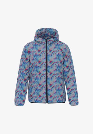 Kaputšiga jope, millel on sinine, punane ja lilla abstraktne mustriga ruudumuster; eest tõmmatav tõmblukk ja elastsed mansetid; kerge materjal.