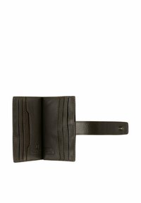 Braune Lederbörse mit mehreren Kartenfächern, einer glatten Textur und einem Druckverschluss. Mit kontrastierendem Nähen und einem abnehmbaren Handgelenkriemen.