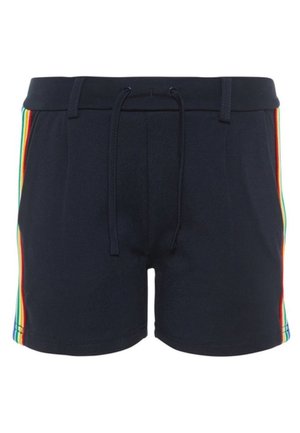 Shorts bleu marine avec une taille à cordon et des rayures verticales arc-en-ciel courant le long des côtés.