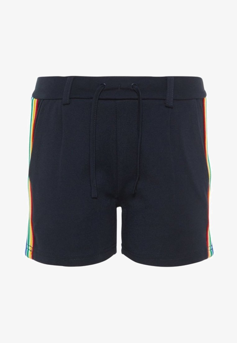 Shorts bleu marine avec une taille à cordon et des rayures verticales arc-en-ciel courant le long des côtés.