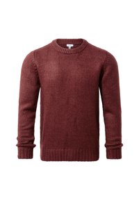 Burgundy knit sweater with a crew neck, ribbed cuffs, and hem. Features a textured fabric and a standard fit design.
