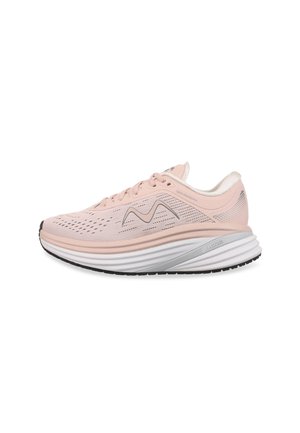 Light pink running shoe with a breathable mesh upper, grey accents, a cushioned sole, and a textured black outsole for traction.
