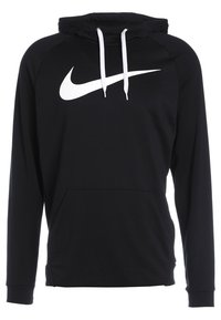 Felpa nera a maniche lunghe con cappuccio, dotata di stringhe bianche e con un grande logo Swoosh bianco di Nike sul petto.