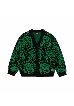 Cardigan nero con un motivo a leoni verdi ripetuto, chiusura frontale con bottoni, scollatura a V e polsini a costine. Testo integrato nel design.