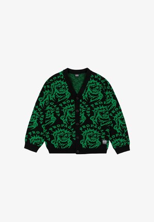 Cardigan nero con un motivo a leoni verdi ripetuto, chiusura frontale con bottoni, scollatura a V e polsini a costine. Testo integrato nel design.