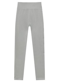 Leggings gris clair en tissu extensible, dotés d'une taille haute, d'un design sans couture et d'une texture lisse. Pas de motifs ni d'accents visibles.