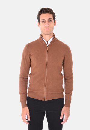 Maglione marrone con zip e colletto alto, realizzato in morbido tessuto lavorato a maglia, con polsini e orlo a coste, abbinato a una camicia bianca sotto.