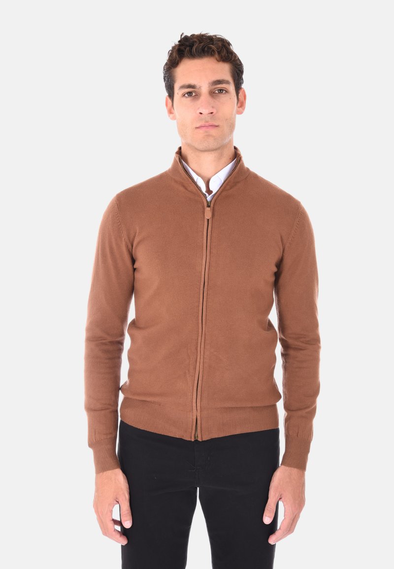 Maglione marrone con zip e colletto alto, realizzato in morbido tessuto lavorato a maglia, con polsini e orlo a coste, abbinato a una camicia bianca sotto.