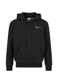 Čierna mikina na zips s predným vreckom, manžetami s rebrovaním a bielym podpisovým logom na ľavej hrudi. Mäkký materiál a ležérny dizajn.