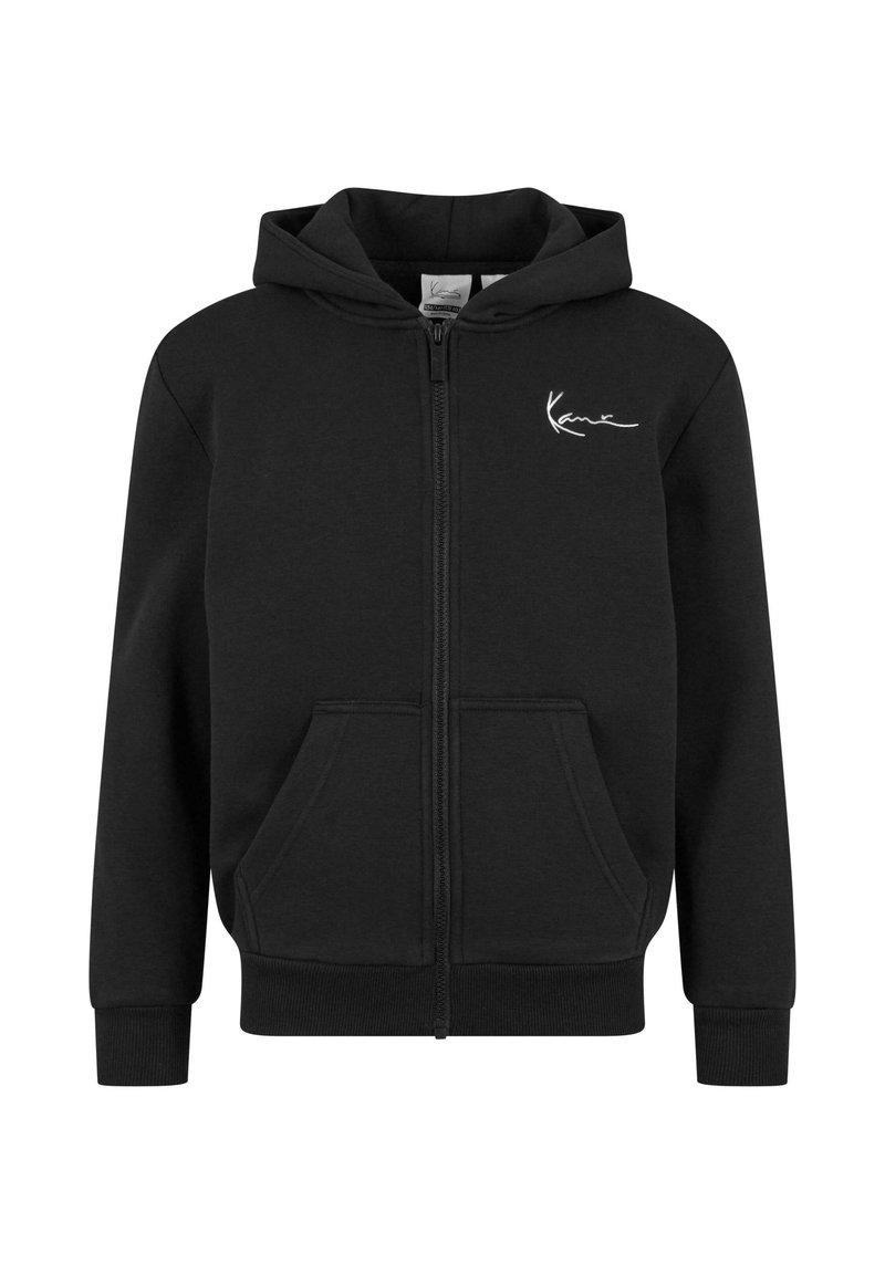 Čierna mikina na zips s predným vreckom, manžetami s rebrovaním a bielym podpisovým logom na ľavej hrudi. Mäkký materiál a ležérny dizajn.
