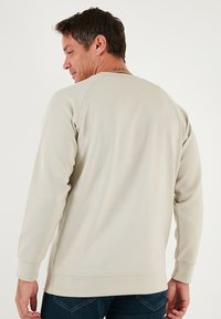 Sudadera gris claro de cuello redondo con mangas largas, puños acanalados y textura suave. Presenta un diseño sencillo y sin adornos.