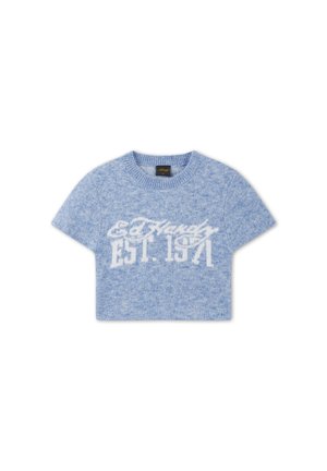 Lyseblå fuzzy cropped sweater med korte ærmer, ribstrikket hals og hvid tekst "Eddie Hughes EST. 1971" foran.