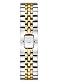 L'orologio Rosefield presenta un bracciale rettangolare in metallo argento e oro con maglie lucide e un quadrante quadrato minimalista, con logo inciso al centro.