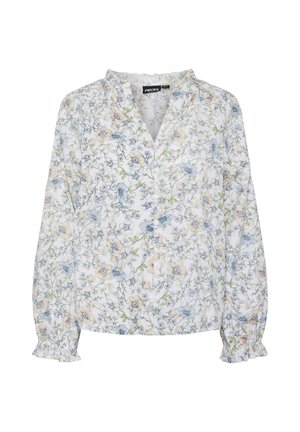 Balta palaidinė su spalvingu gėlių raštu mėlyna ir švelnia persikų spalva. Su V formos iškirpte, mygtukais priekyje ir raukšlėtomis rankovėmis. Lengvas audinys.