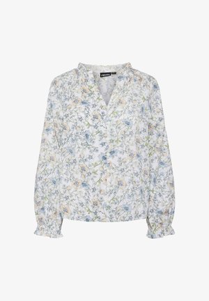 Bijela bluzica s raznobojnim cvjetnim uzorkom u plavoj i nježno breskvasnoj boji. Ima V-izrez, prednje dugmad i naborane rukave. Lagani materijal.