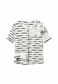 Czarna i biała pasiasta bawełniana koszulka z mieszanką tekstów i wzorów, falbankowymi rękawami oraz różnorodnymi teksturami na tkaninie.