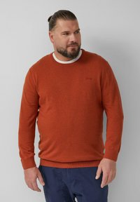 Man met een baard en vastgebonden haar, gekleed in een roestkleurige trui over een witte shirt en marineblauwe broek, staande tegen een effen grijze achtergrond.