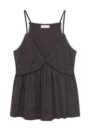 Mørkegrå ærmeløs top med tynde stropper, V-hals, gathered talje og spredte små sorte paliet blomsterpynt.