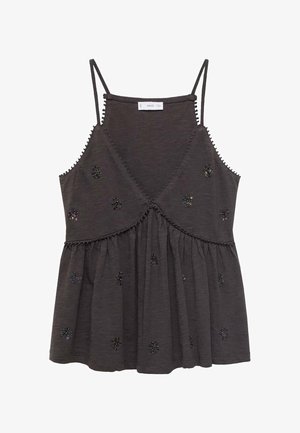 Ciemnoszary top bez rękawów z cienkimi ramiączkami, dekoltem w szpic, marszczoną talią i rozsianymi małymi czarnymi kwiatowymi ozdobami z cekinów.