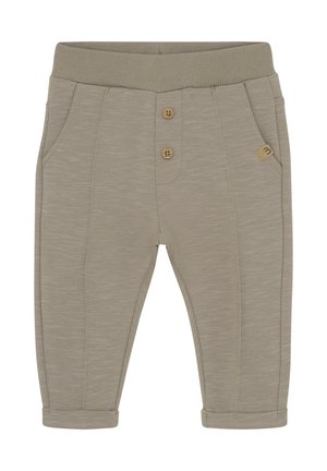 Pantalon beige pour tout-petit avec taille élastique côtelée, deux boutons à l'avant, poches latérales et revers pliés.
