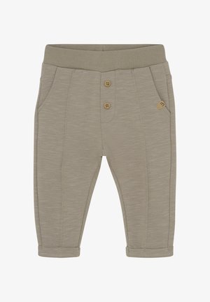 Beige bukser til småbørn med ribbet elastik i taljen, to knapper foran, sidelommer og foldede manchetter.