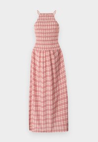 Rochie în carouri roșii și albe, fără mâneci, cu un corset elastic și fustă lungă, fluidă. Confeționată dintr-un material ușor, cu bretele subțiri.
