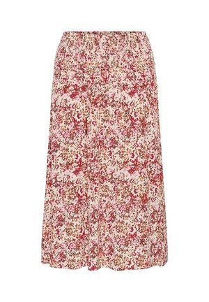 Virágos midi szoknya rózsaszín, piros és barna absztrakt virágmintával, széles, fodros derékpánttal.