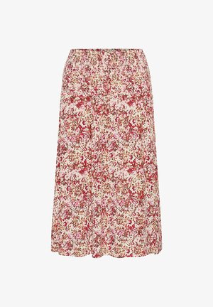 Virágos midi szoknya rózsaszín, piros és barna absztrakt virágmintával, széles, fodros derékpánttal.