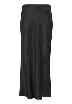 Must mustrõivaga, millel on avar disain. Omab sileda, läikiva tekstuuri ja nurkseid õmblusi stiilse välimuse jaoks. Põlve kõrgune.