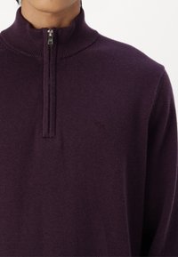 Maglione con zip viola realizzato in morbida lana, dotato di un colletto a coste, una texture liscia e un logo sottile impresso sul petto.