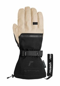 Leren skihandschoen met zwart softshellmateriaal. Kenmerkt zich door een contrasterende tan palm, verstelbare strap en label voor het warmt-vangen-systeem.