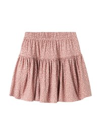 Svær pink skjørt med leopardmønster, med elastisk liv og lagdelt design, vist mot en nøytral bakgrunn.