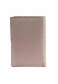 Portefeuille en cuir rose avec une texture lisse, de forme rectangulaire et une couture élégante le long des bords. Design minimaliste, sans matériel visible.