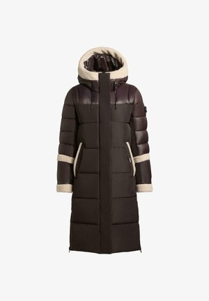 Langer Daunenmantel in Dunkelbraun mit einer flauschigen, beige gefütterten Kapuze und Bündchen. Verfügt über einen Reißverschluss, diagonale Taschen und ein gestepptes Design.